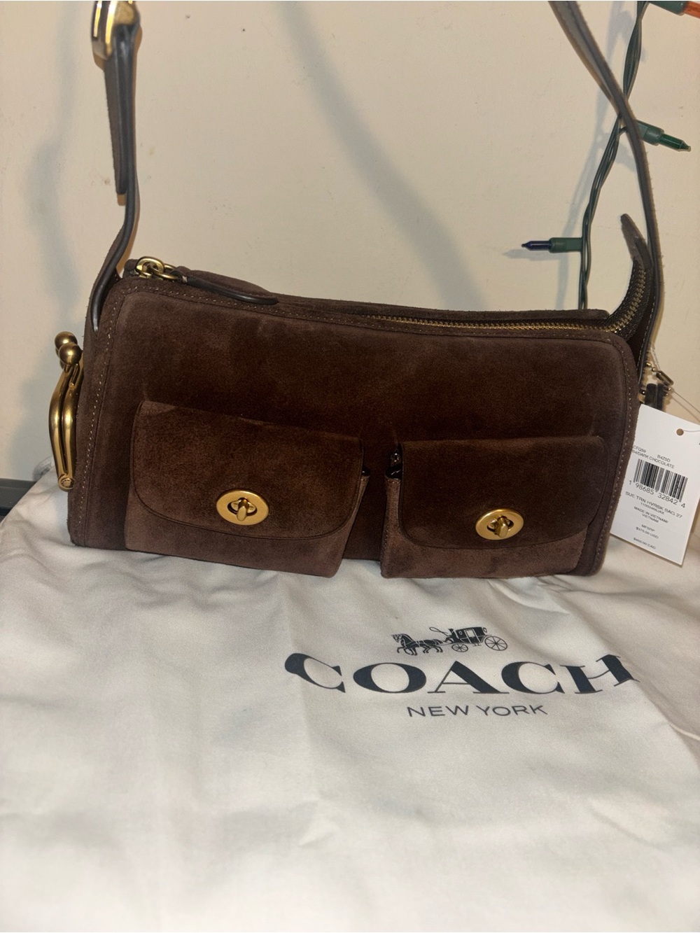 Coach Suede Brown Shoulder Bag with Double Front Pockets